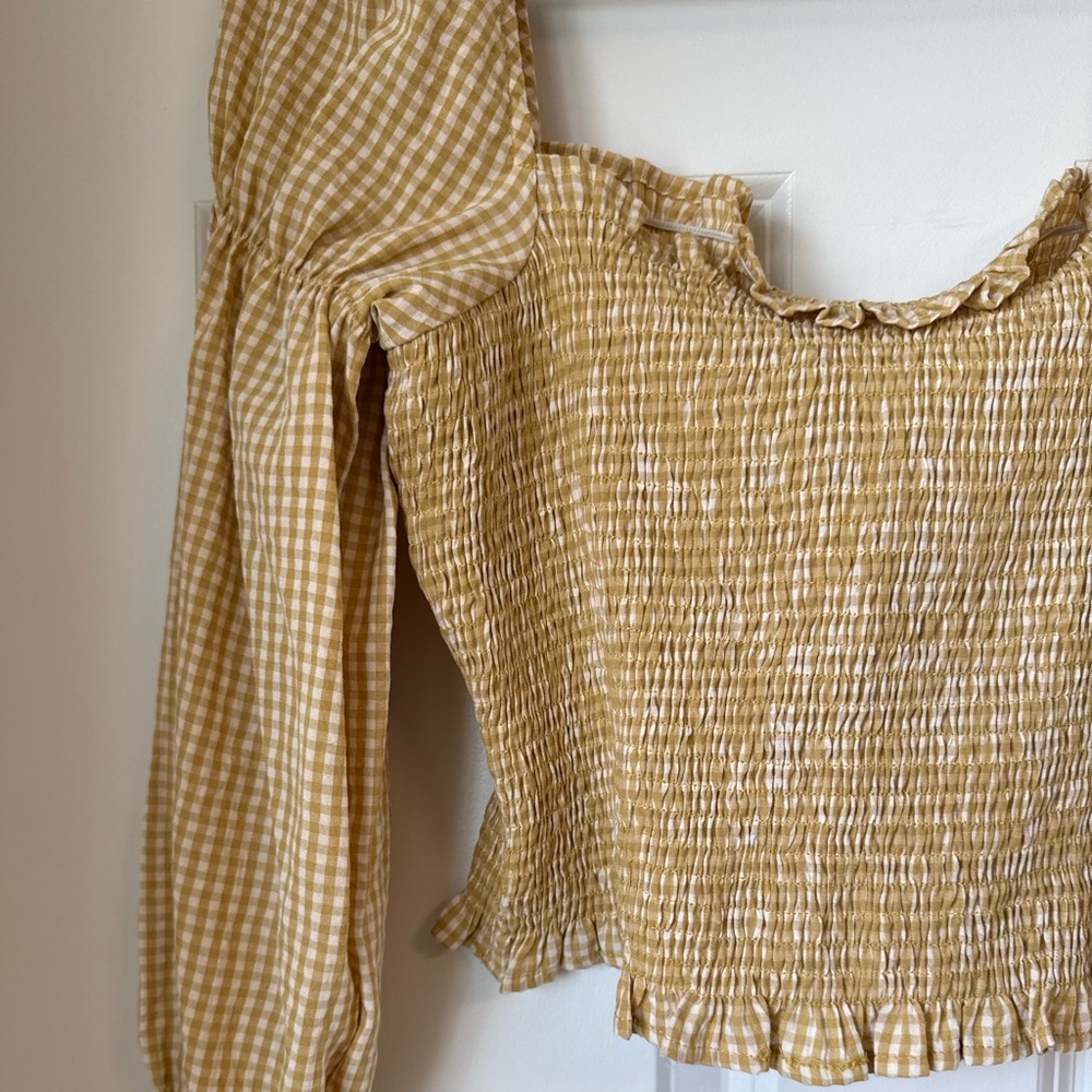 Urban Outfitters Yellow Ruffled Ruche Crop‎ Top Smocked Long Sleeve Checkered S - Picture 7 of 14